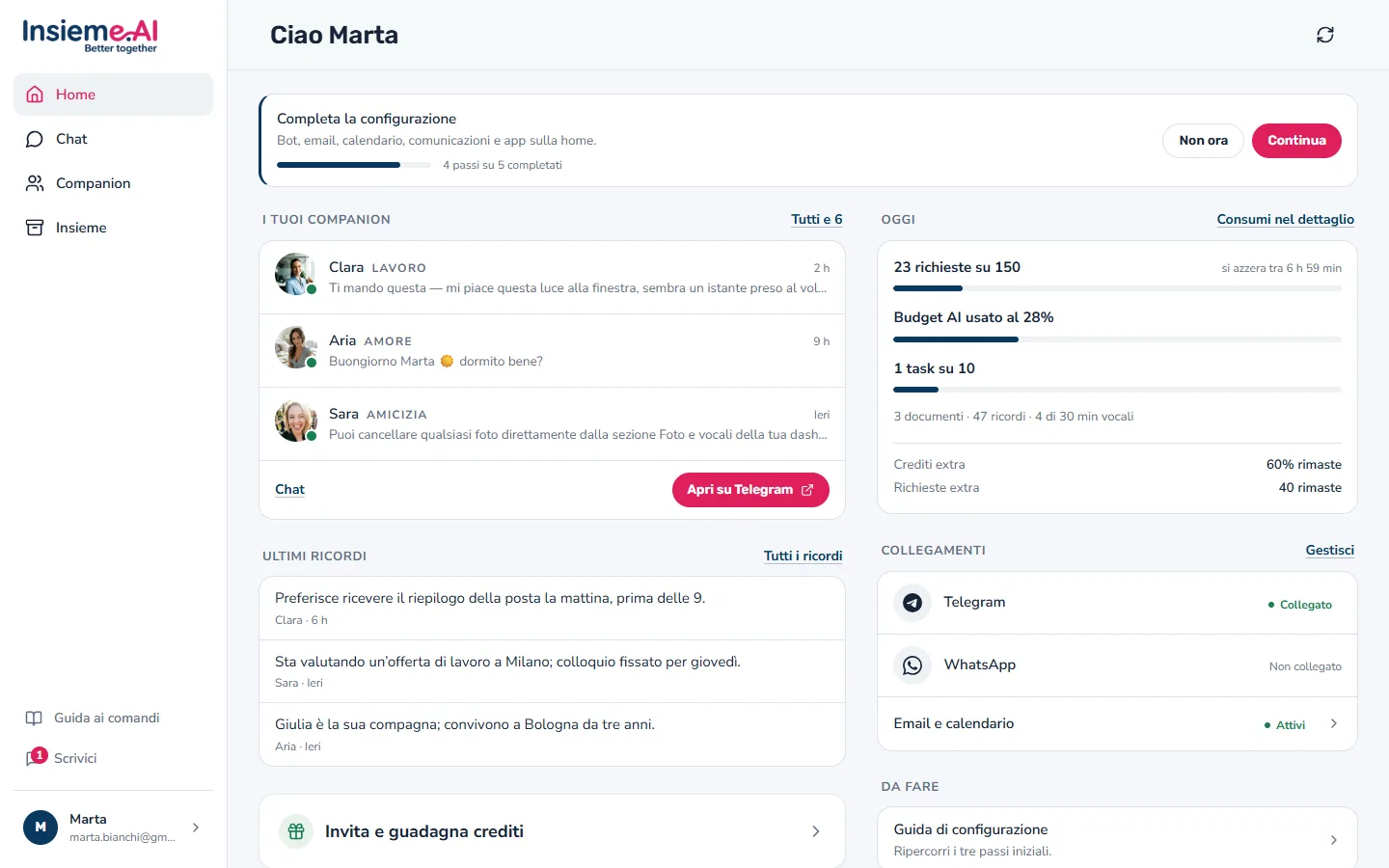 La app di Insieme.AI sul computer: companion, ricordi, consumi e collegamenti